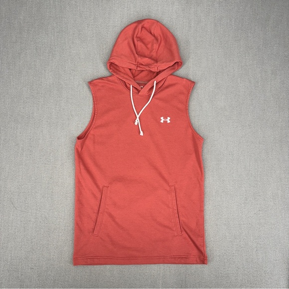 Under Armour Men's S Hooded Shirt UA Rival Fleece Terry Gym Fit Sleeveless Peach - Picture 1 of 15